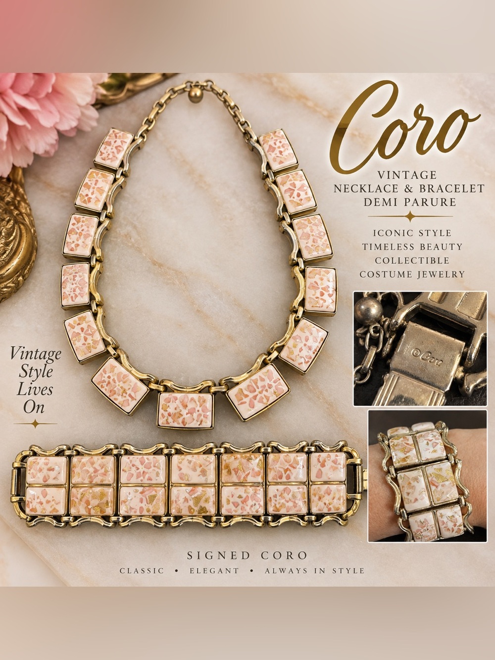 Coro Gold-Tone Necklace & Bracelet with Pale Pink Mosaic Tiles